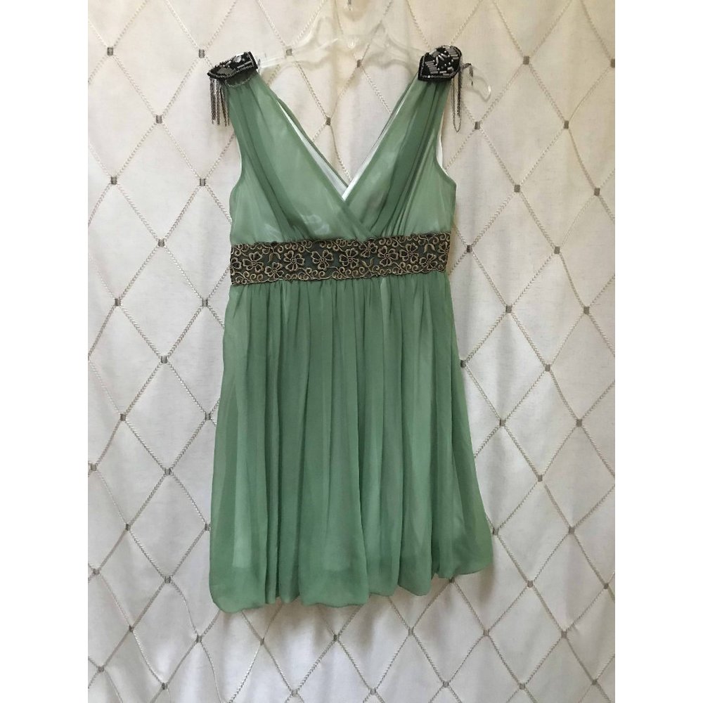 Sage Green Beaded V Neck Cocktail Dress Size S